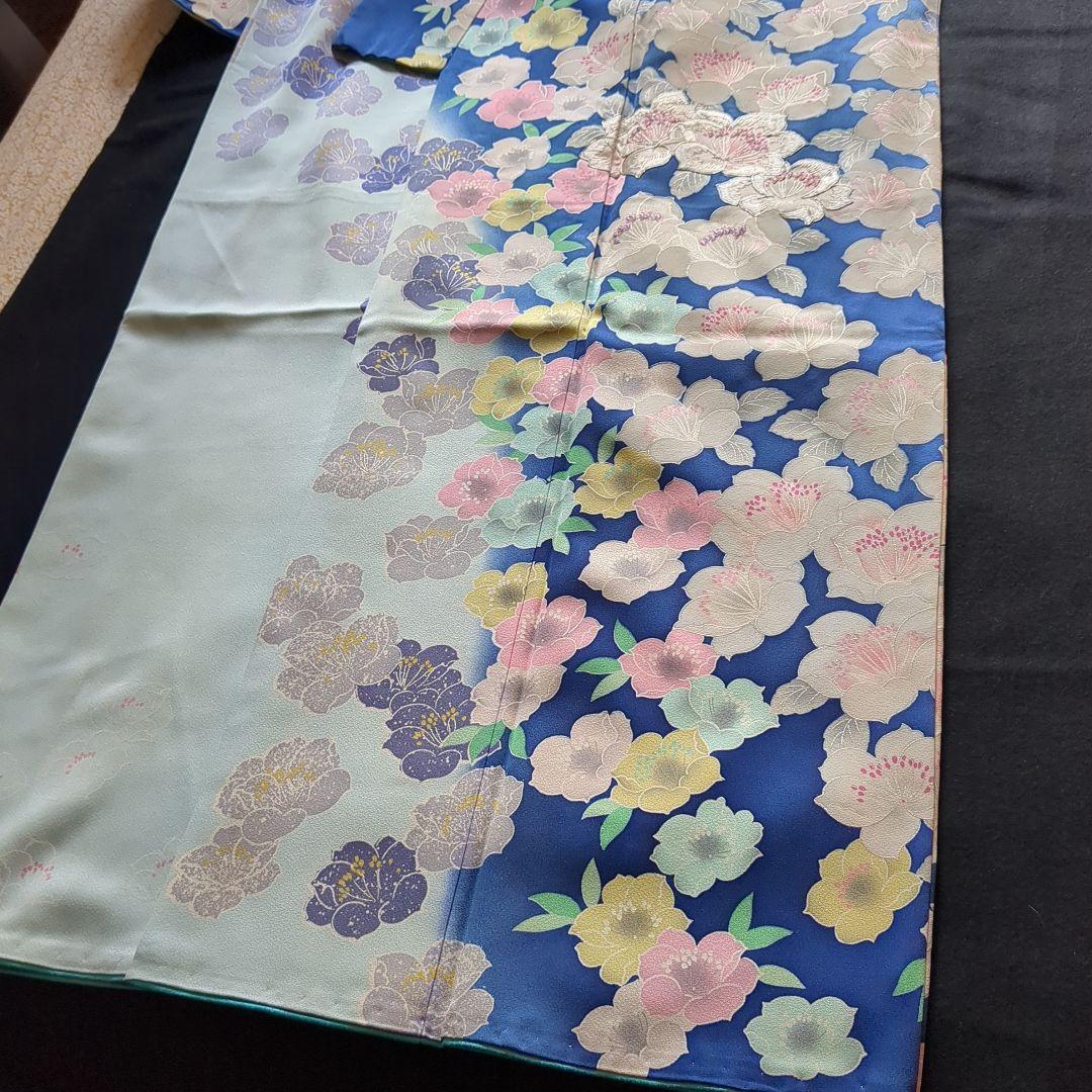 訪問着 仕立て替え品 水色×椿文様 袖しつけ付き｜難あり 撮影・リメイク向け）