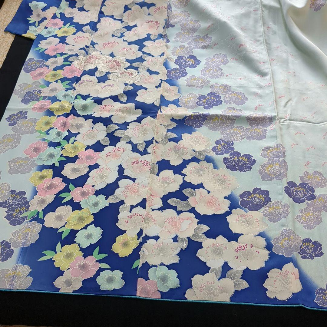 訪問着 仕立て替え品 水色×椿文様 袖しつけ付き｜難あり 撮影・リメイク向け）