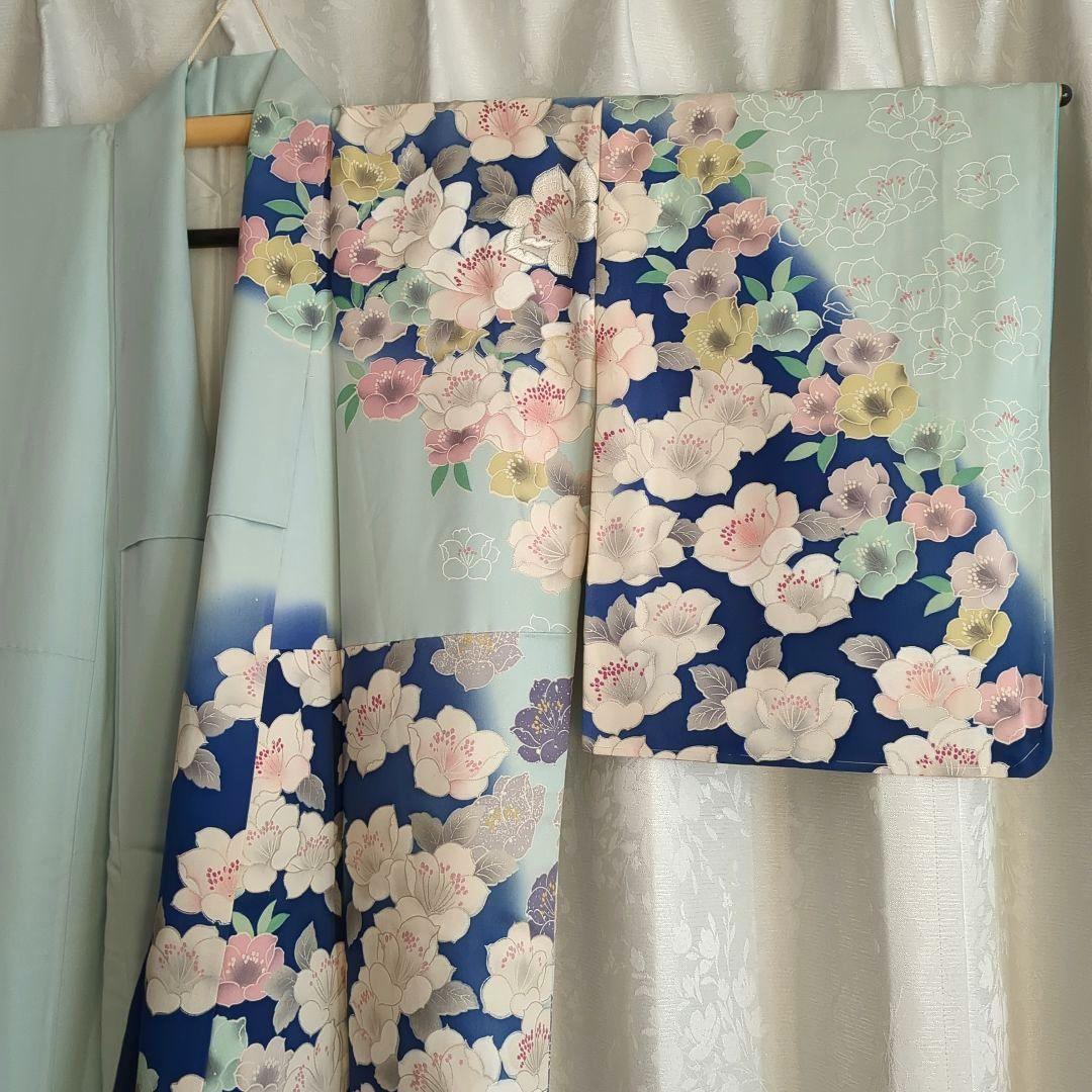 訪問着 仕立て替え品 水色×椿文様 袖しつけ付き｜難あり 撮影・リメイク向け）