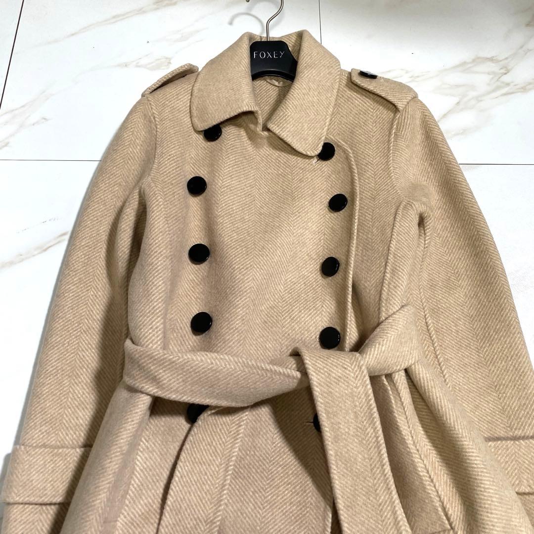 マックスマーラ系列 三菱商事 カシミヤ女優襟ベルデッドリバーコート ヘリンボーン