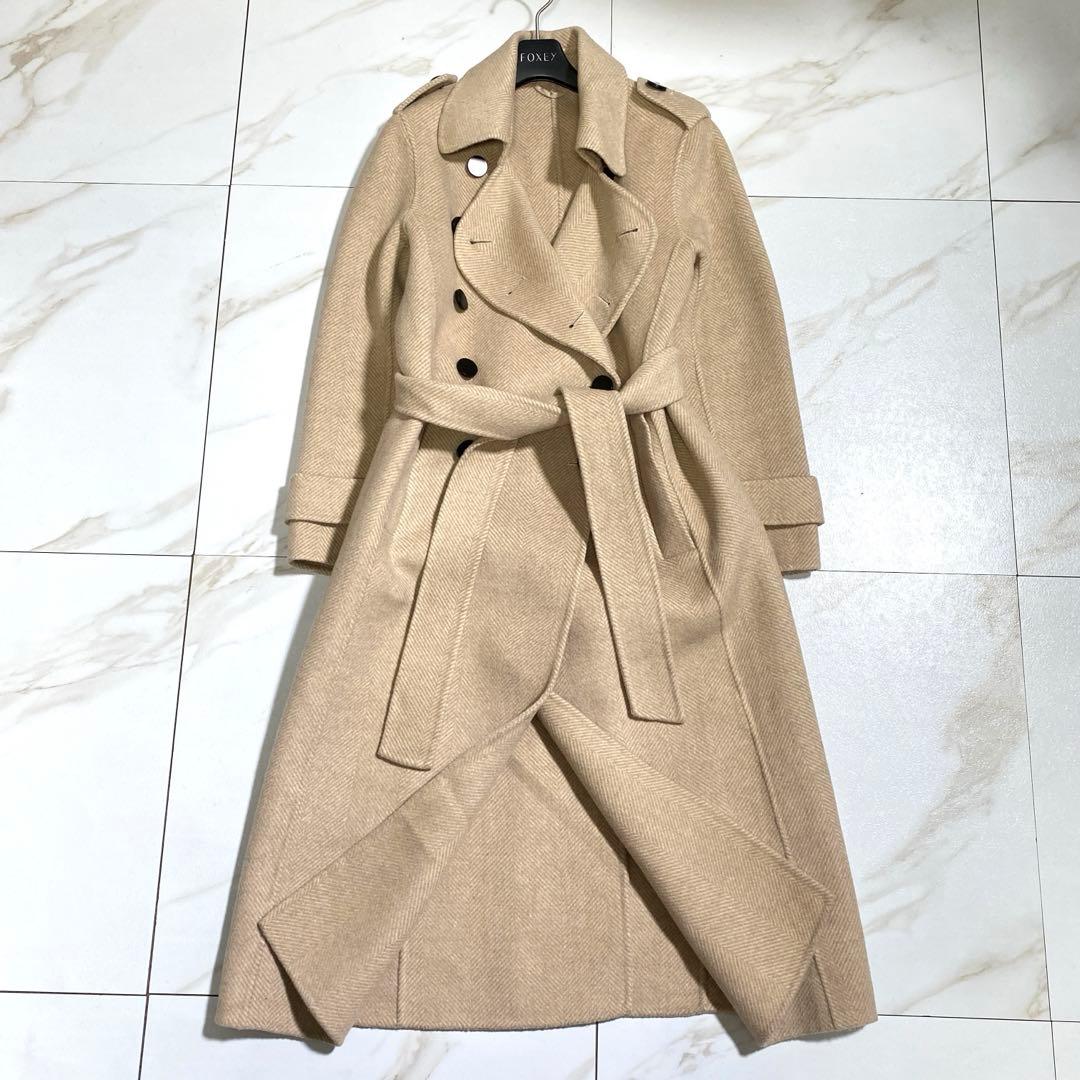 マックスマーラ系列 三菱商事 カシミヤ女優襟ベルデッドリバーコート ヘリンボーン