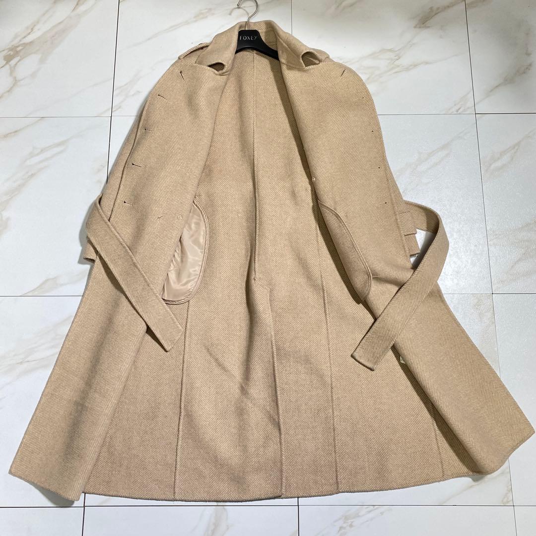 マックスマーラ系列 三菱商事 カシミヤ女優襟ベルデッドリバーコート ヘリンボーン