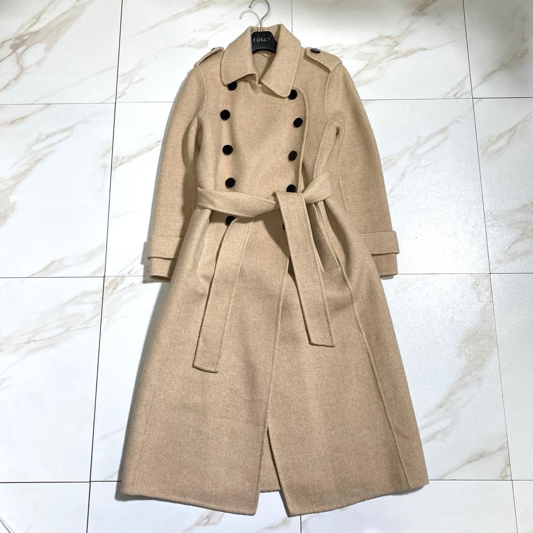 マックスマーラ系列 三菱商事 カシミヤ女優襟ベルデッドリバーコート ヘリンボーン