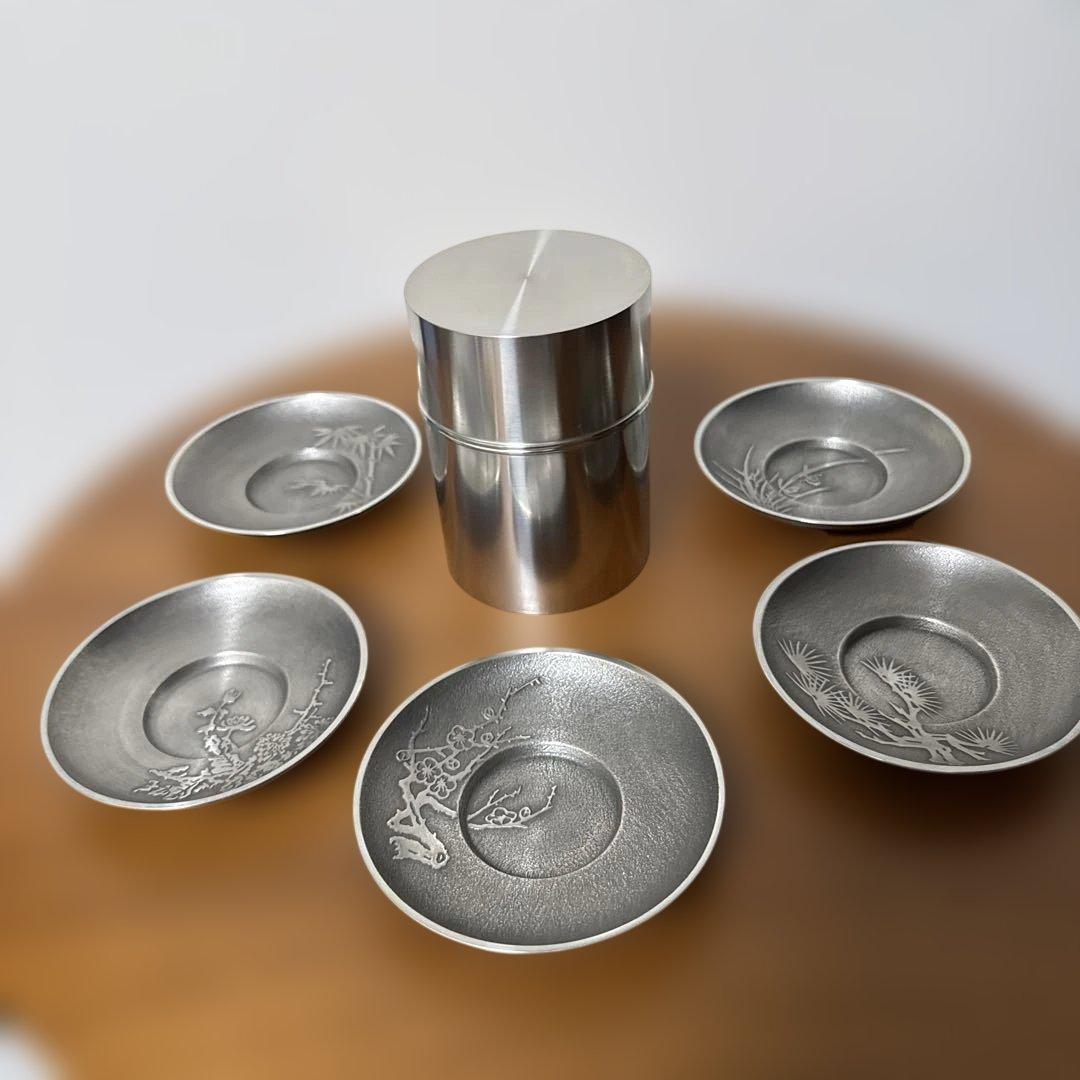 極上 純錫 茶器揃(茶筒1 茶托5)