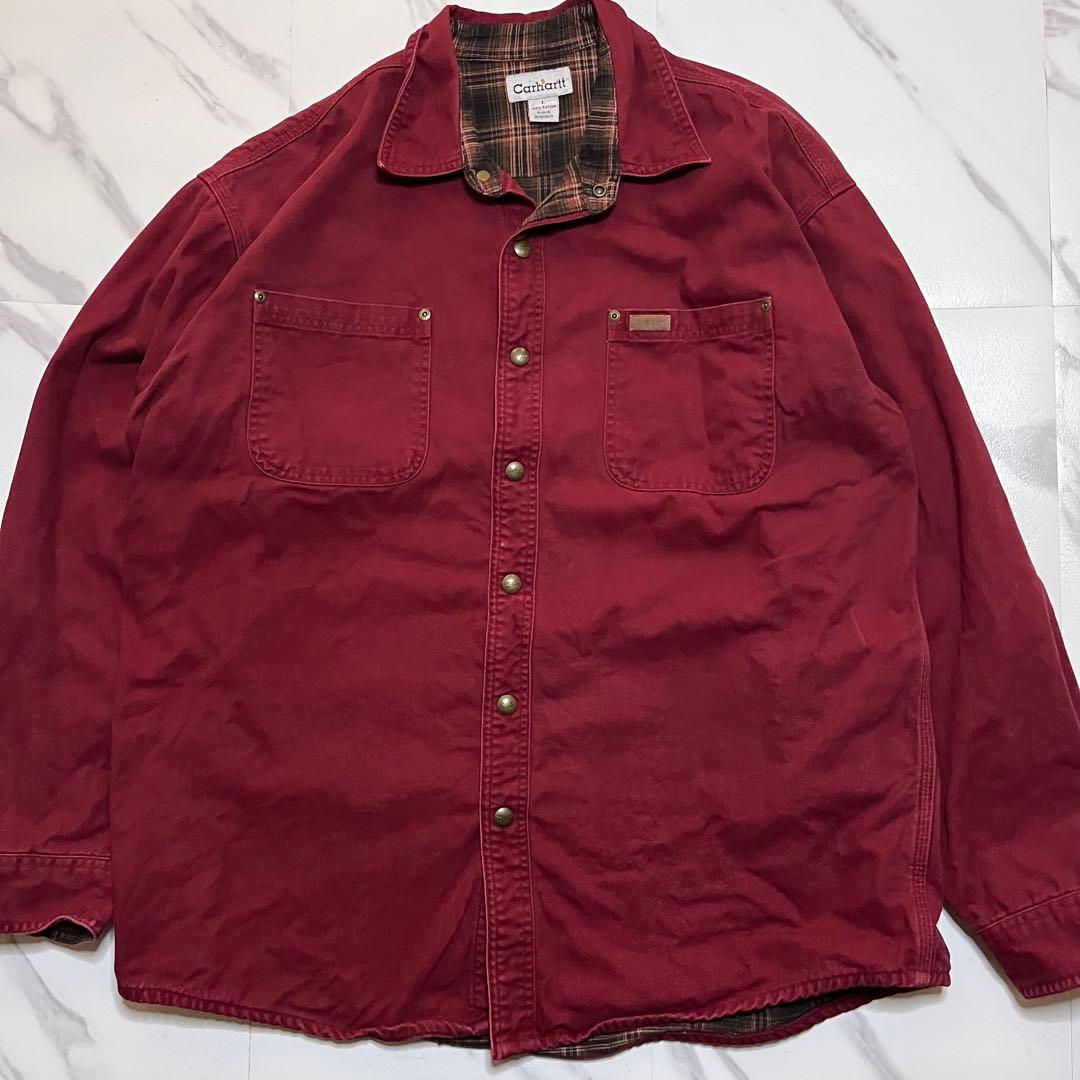 Carhartt カーハートシャツジャケットLボルドー裏地チェックスナップボタン