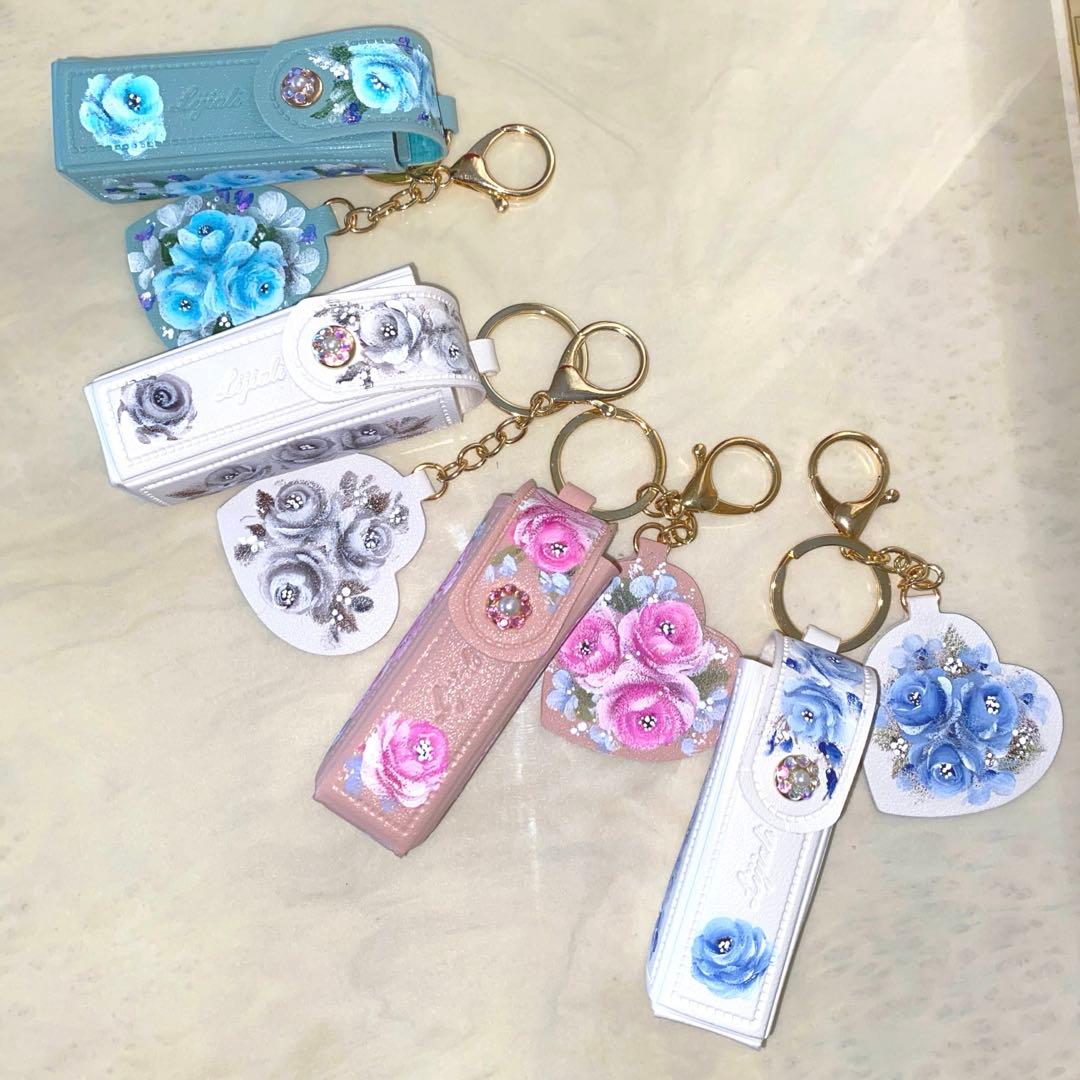 救急3点セット　口紅リップケース　メガネケース　薔薇　手描き　トールペイント