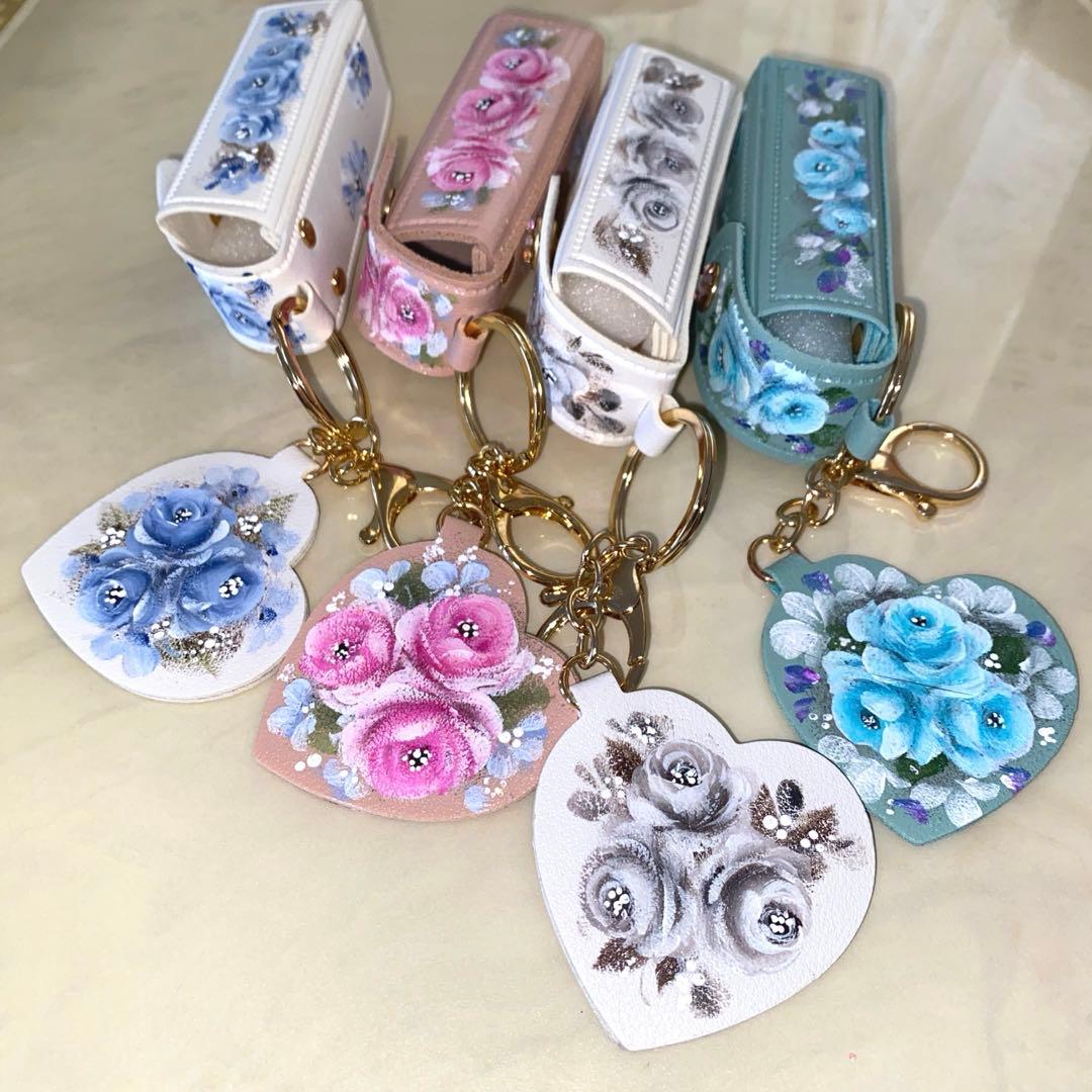 救急3点セット　口紅リップケース　メガネケース　薔薇　手描き　トールペイント