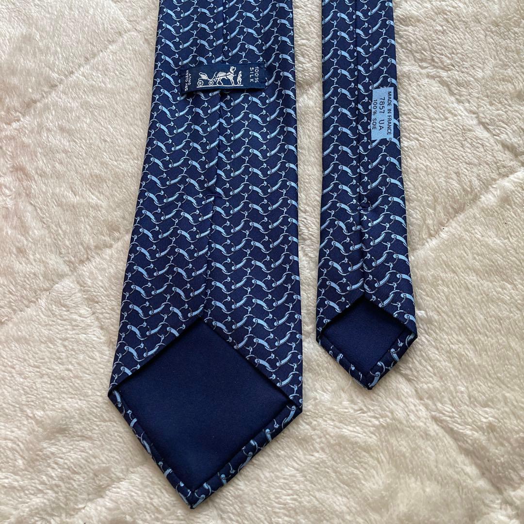 未使用に近い　HERMES エルメス　ネクタイ　ネイビー／ライトブルー　箱付