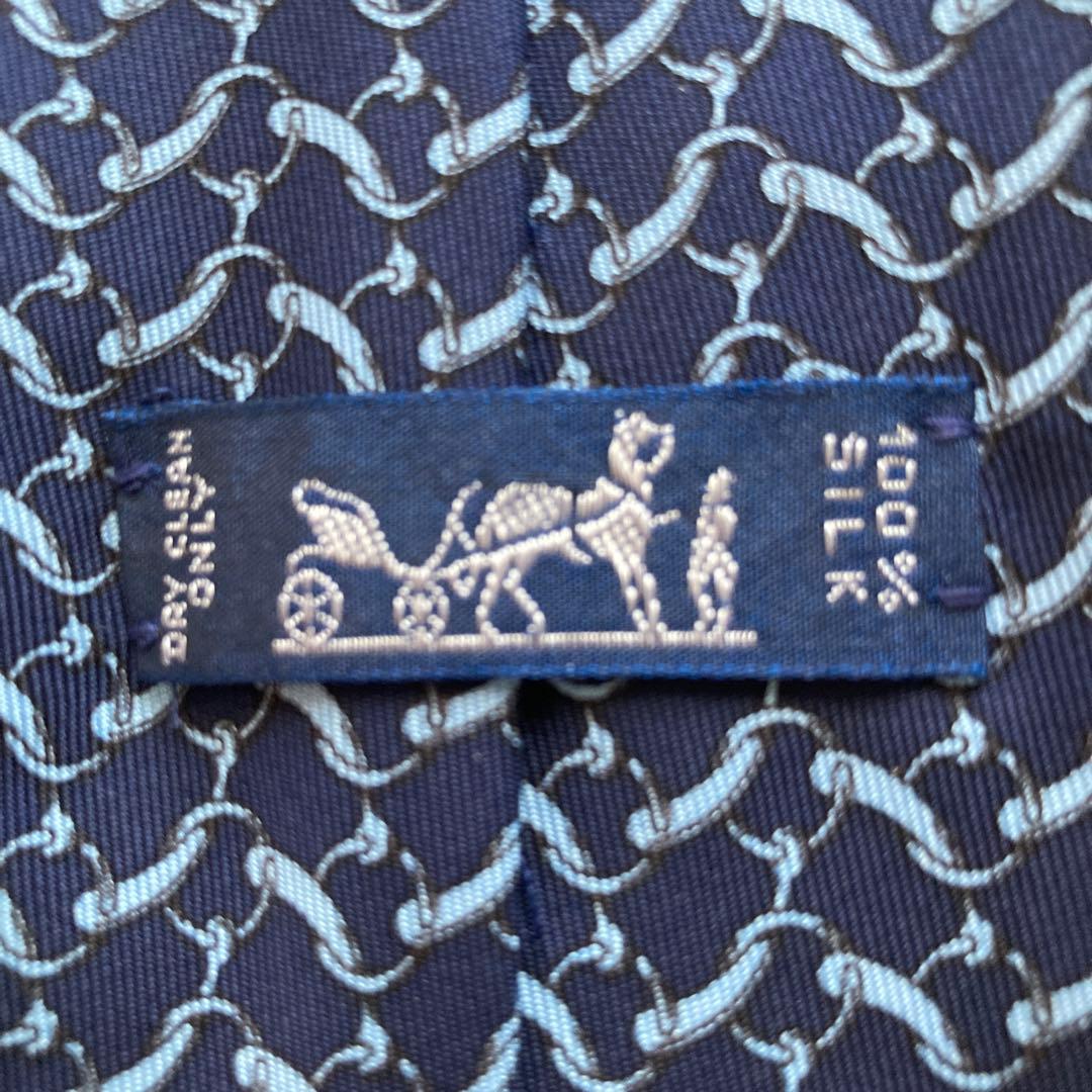 未使用に近い　HERMES エルメス　ネクタイ　ネイビー／ライトブルー　箱付