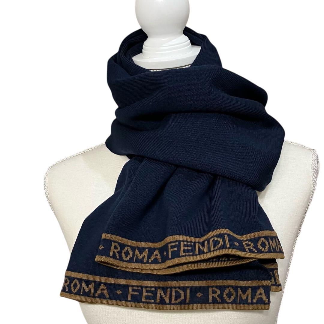 美品❣️希少✨✨FENDI ネイビー ロゴ入りマフラー　ウール100%