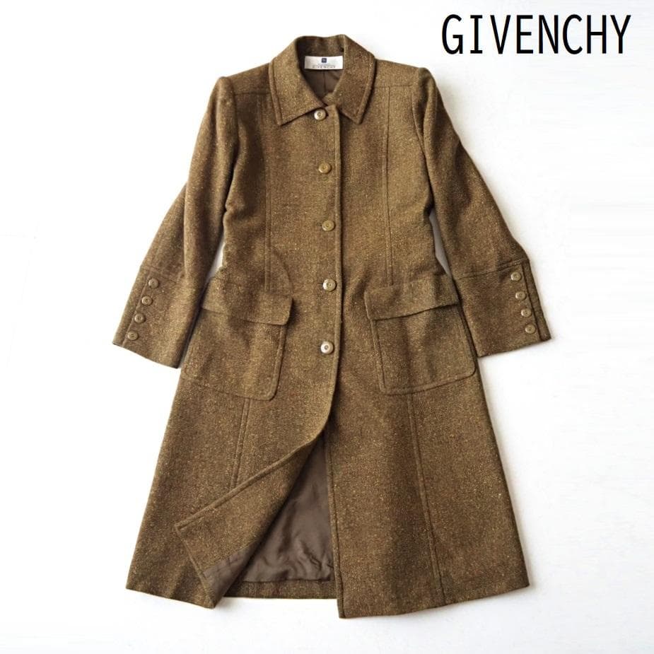 希少 美品 GIVENCHY ウールシルク ツイード ロング ステンカラーコート