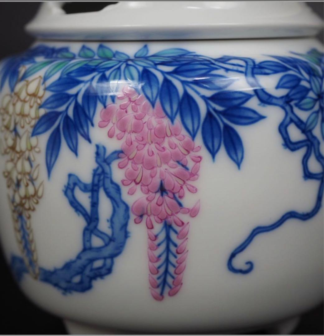 送料無料　香蘭社磁芸工房謹製　高級総手書き染錦模様香炉　共箱・黄布　未使用