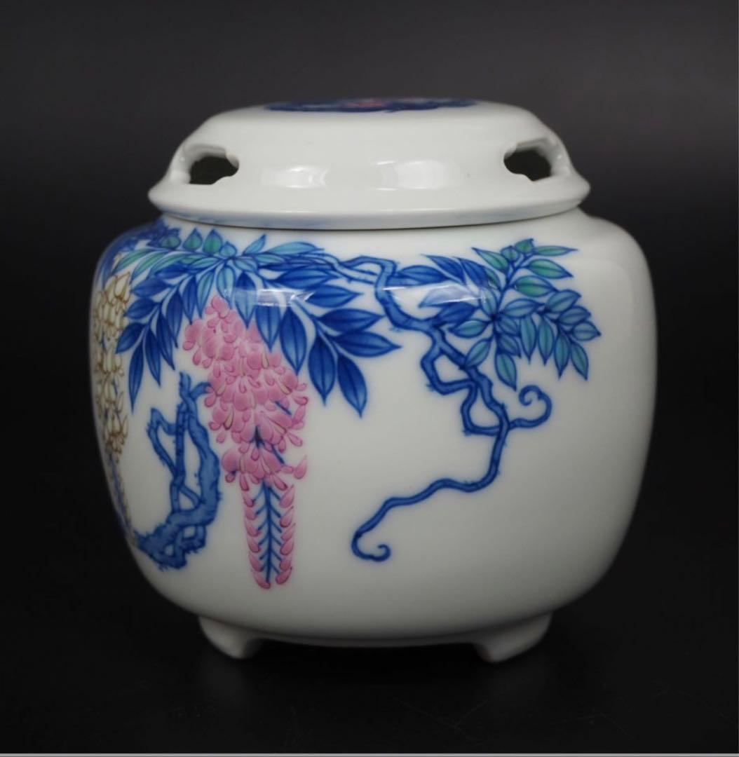 送料無料　香蘭社磁芸工房謹製　高級総手書き染錦模様香炉　共箱・黄布　未使用