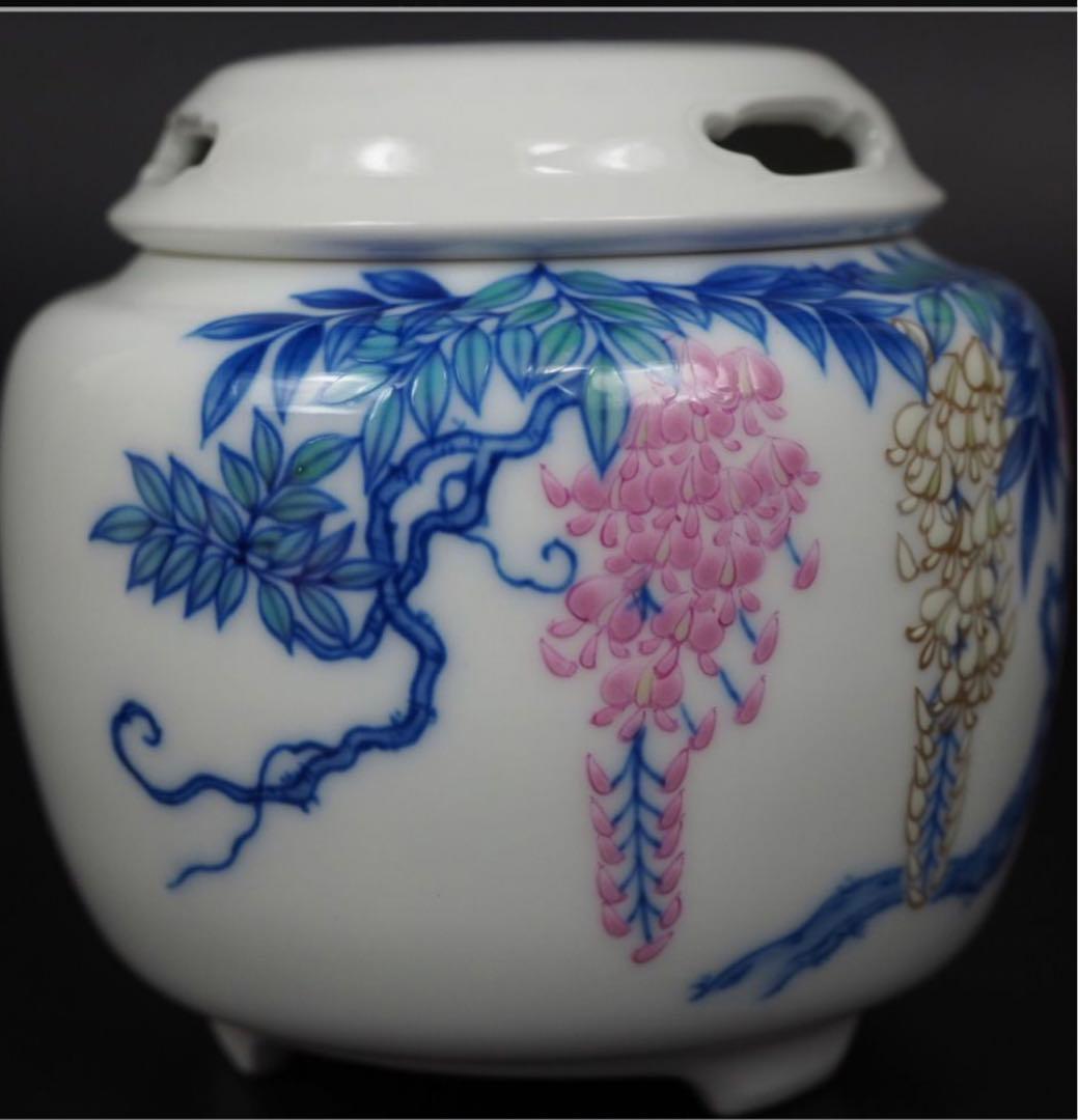 送料無料　香蘭社磁芸工房謹製　高級総手書き染錦模様香炉　共箱・黄布　未使用