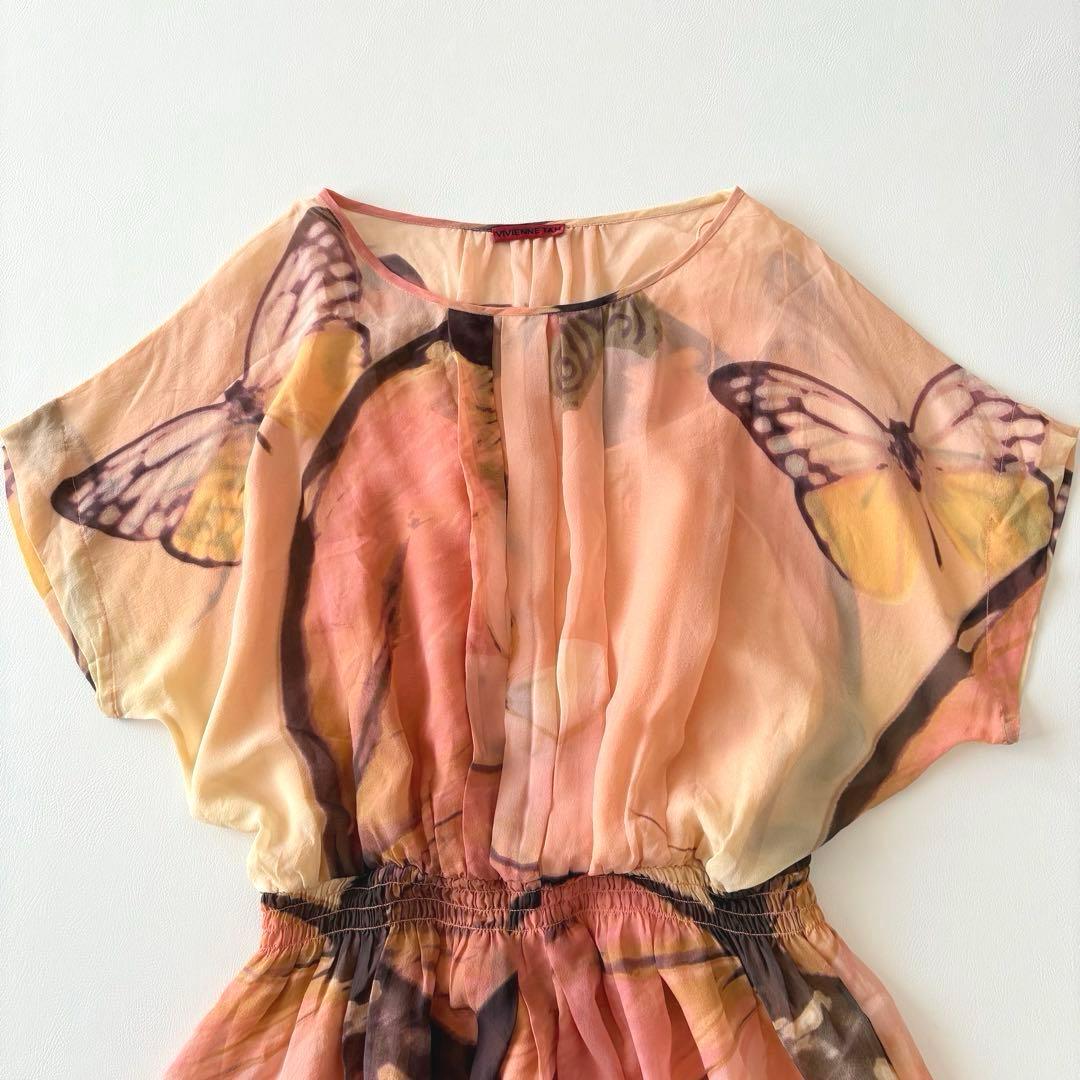 ■ VIVIENNETAM総シルクバタフライ柄ドルマンスリーブぺプラムチュニック