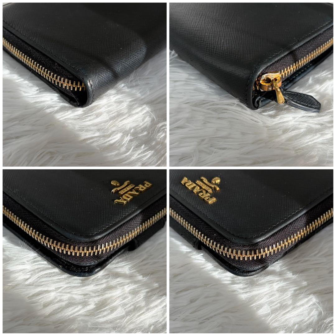 美品✨プラダ　二つ折り　金ロゴ　サフィアーノ　ラウンドファスナー　レザー　黒