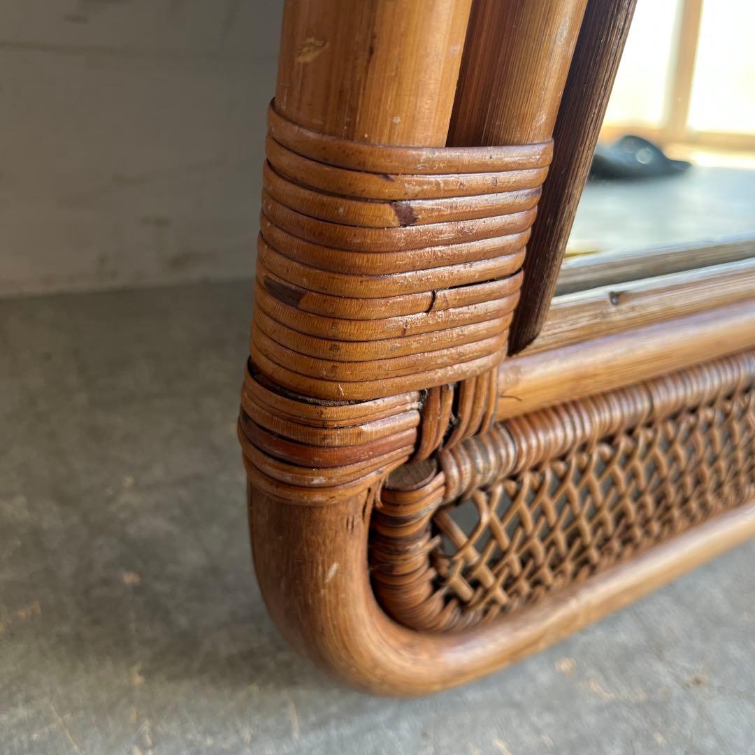 ヴィンテージ ラタン 籐 ウォールミラー 鏡 昭和レトロ