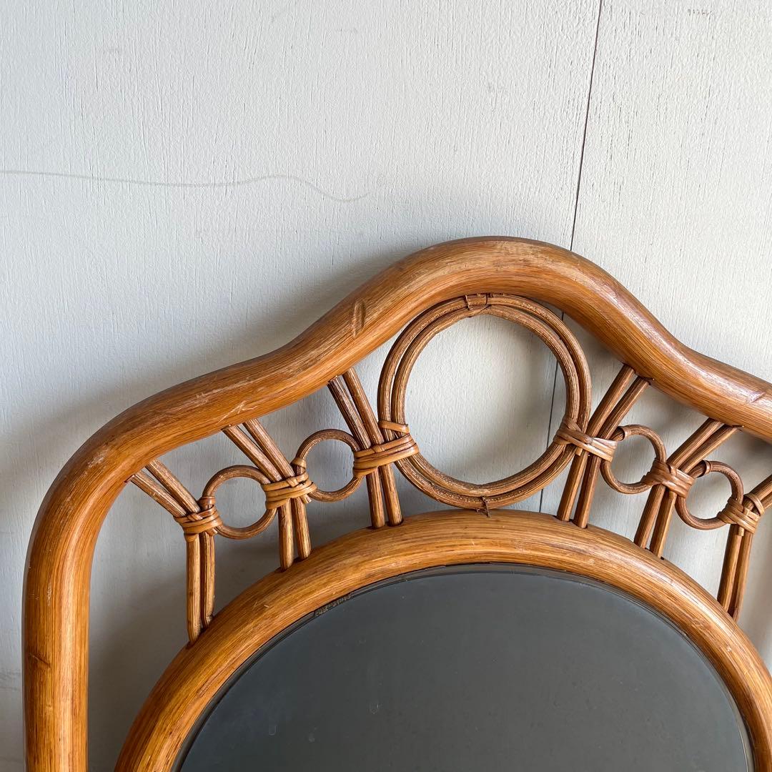 ヴィンテージ ラタン 籐 ウォールミラー 鏡 昭和レトロ