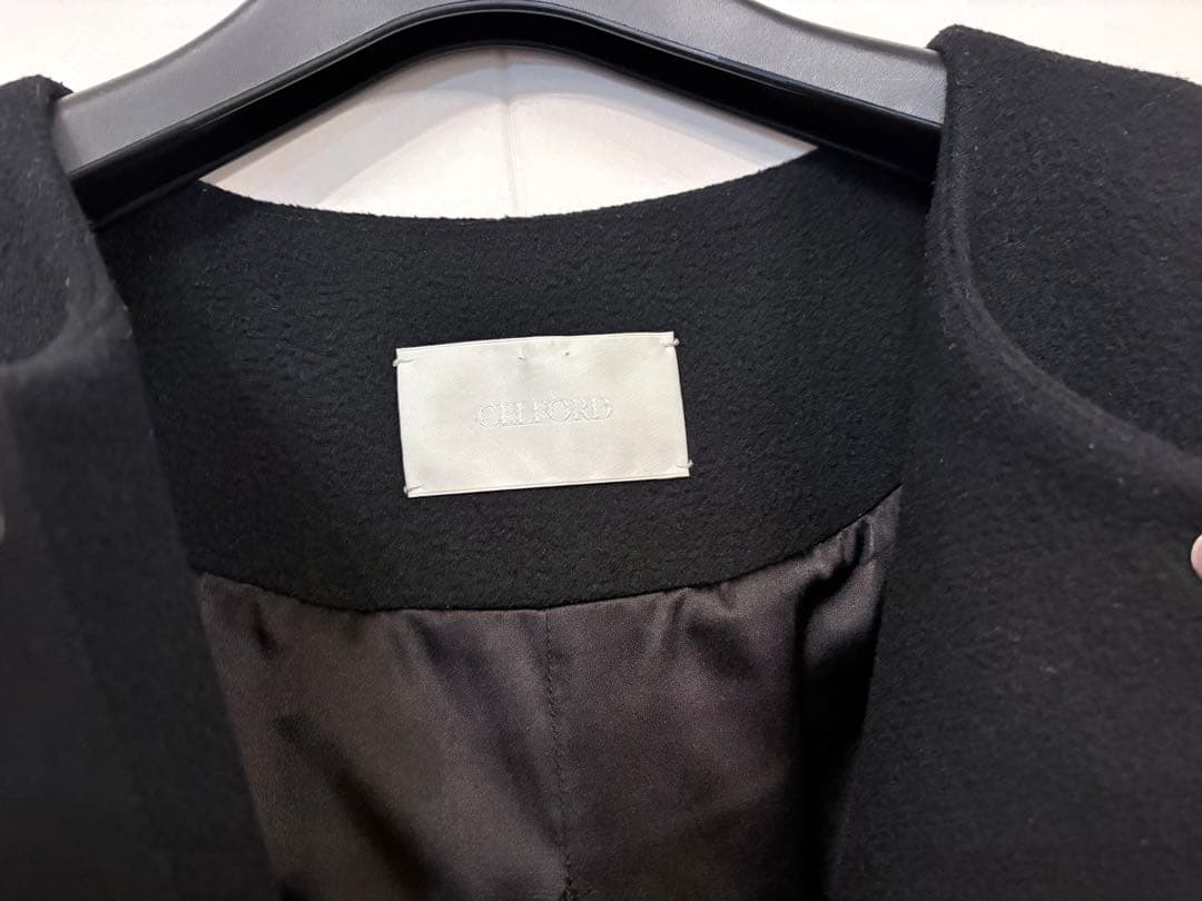 美品 CELFORD セルフォード ノーカラーロングコート 36 黒