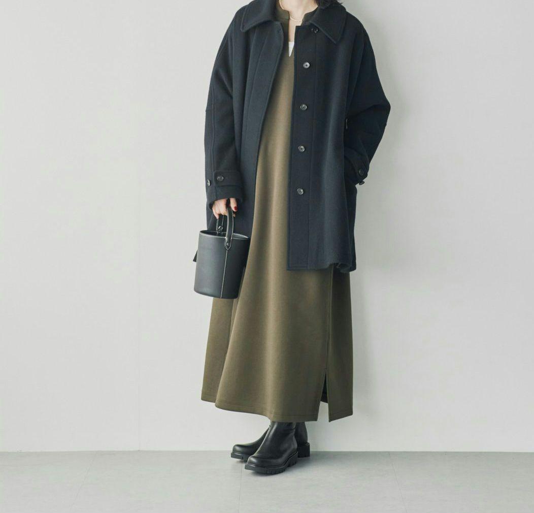 1743　北欧暮らしの道具店　シワになりにくいポンチ素材のワンピース　オリーブM