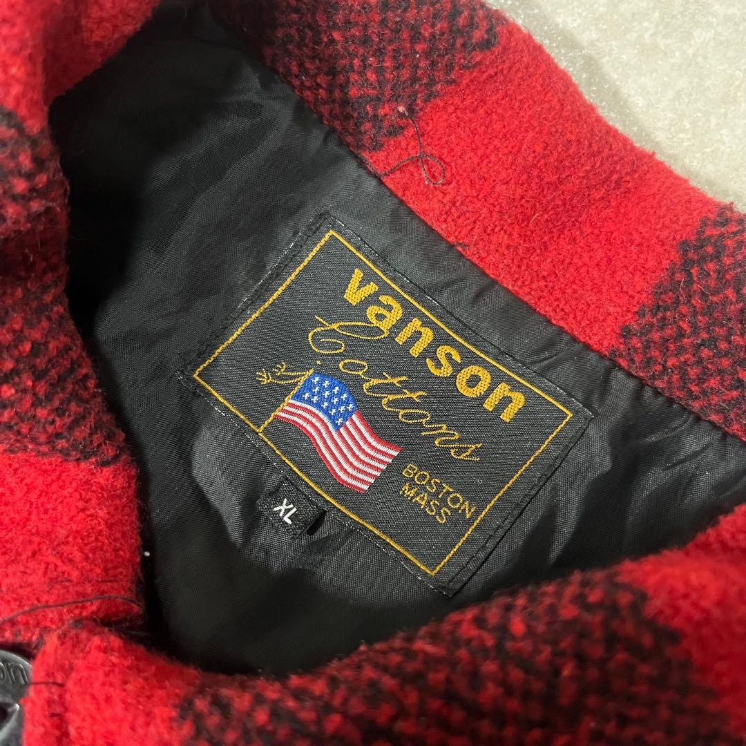 vanson バッファローチェック　赤黒チェック スカルジャケット XL