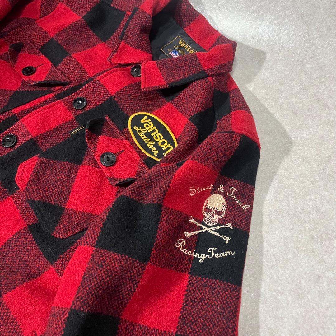 vanson バッファローチェック　赤黒チェック スカルジャケット XL