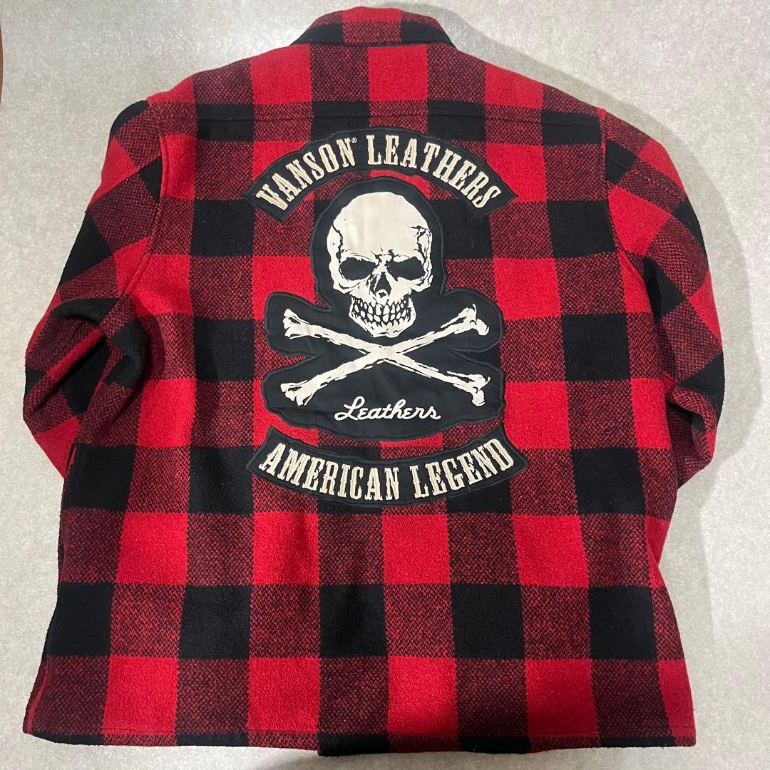 vanson バッファローチェック　赤黒チェック スカルジャケット XL