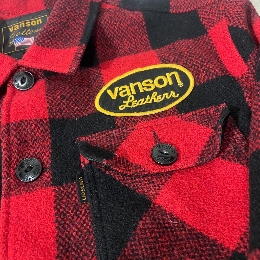 vanson バッファローチェック　赤黒チェック スカルジャケット XL
