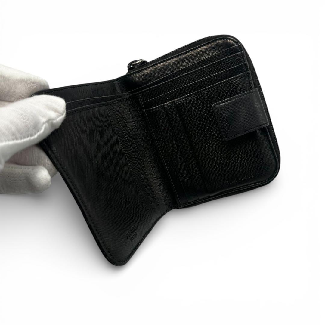 【美品】プラダ 2つ折り長財布 サフィアーノレザー ブラック 黒 三角プレート