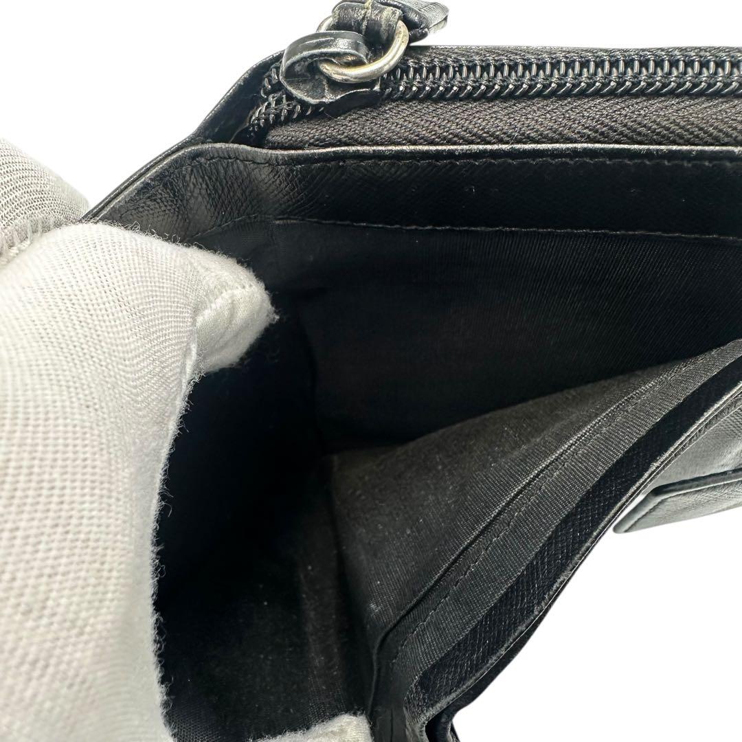 【美品】プラダ 2つ折り長財布 サフィアーノレザー ブラック 黒 三角プレート