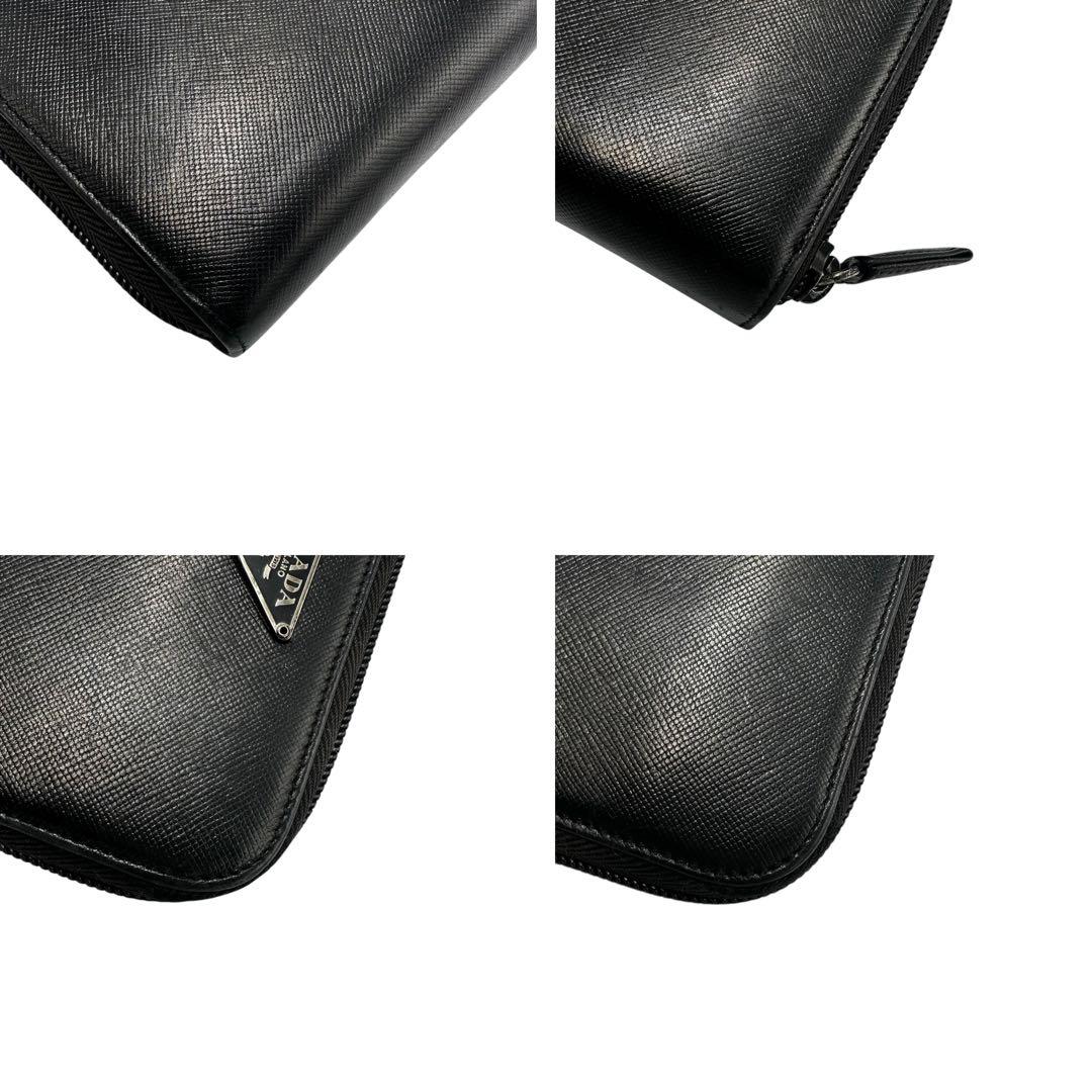 【美品】プラダ 2つ折り長財布 サフィアーノレザー ブラック 黒 三角プレート