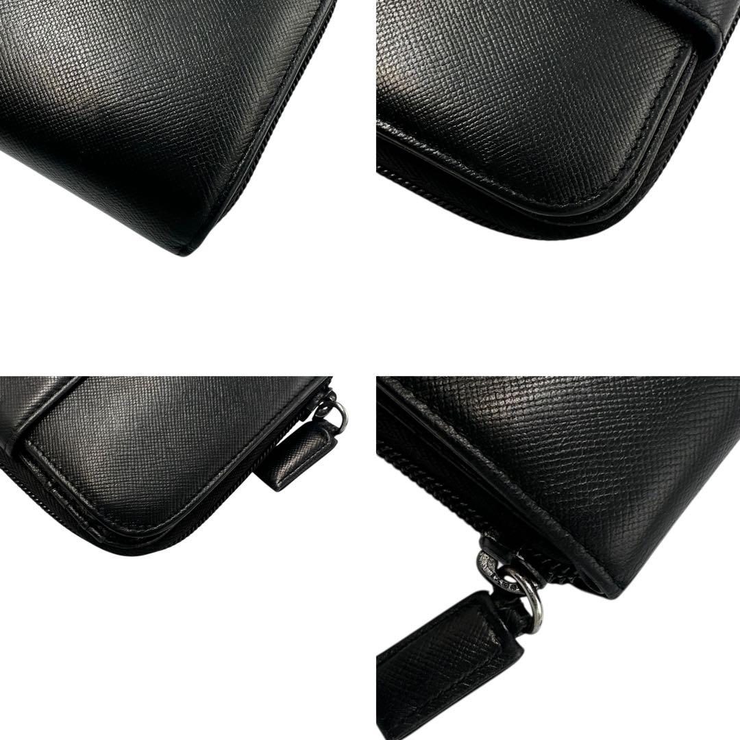 【美品】プラダ 2つ折り長財布 サフィアーノレザー ブラック 黒 三角プレート