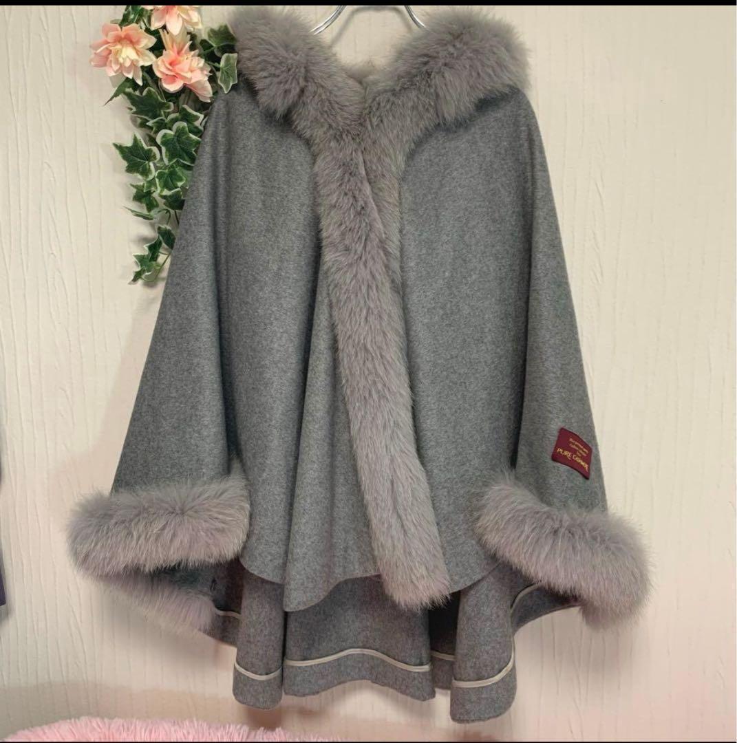 F32.美品◆BALMAIN【カシミヤ100%：フォックスファー◆ポンチョ】