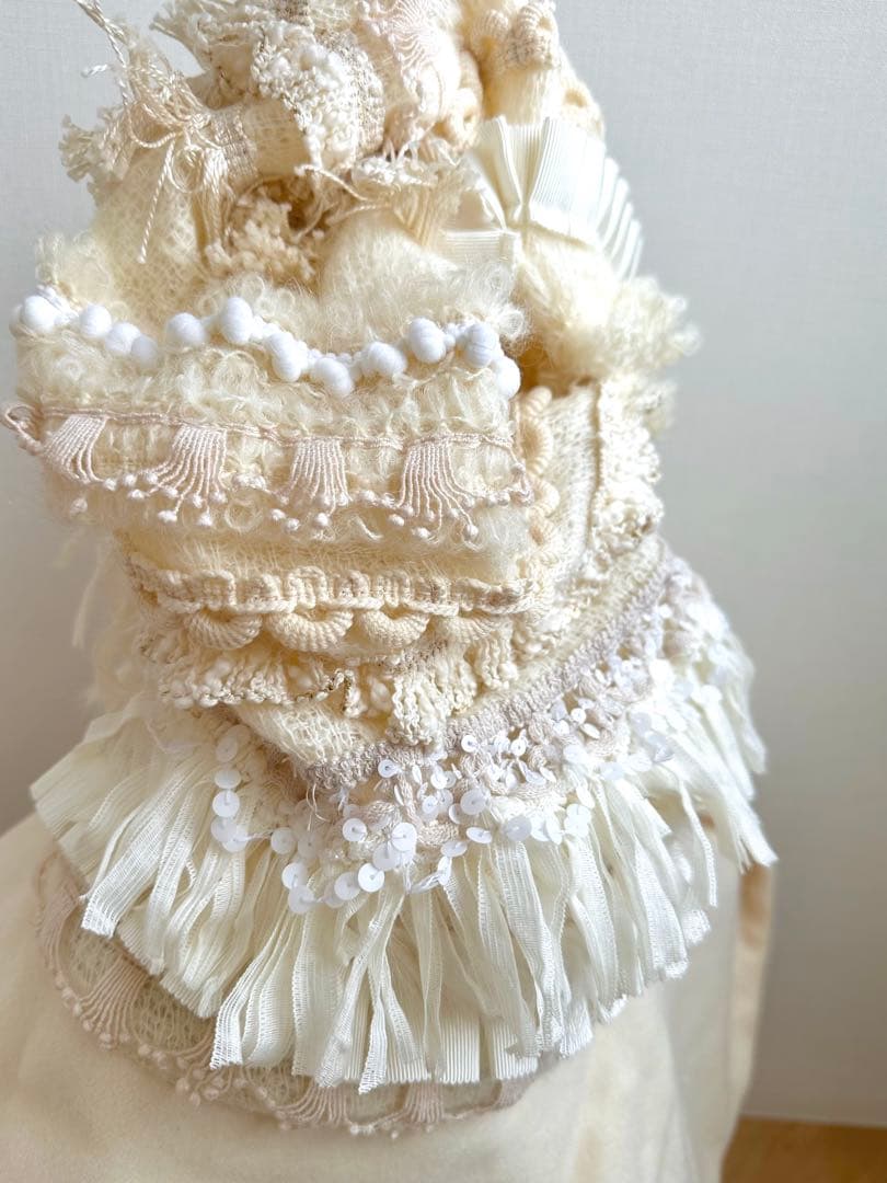 ブレード・フリンジ等パッチワークハット　ウールブリム　オフ白 1点物ハンドメイド