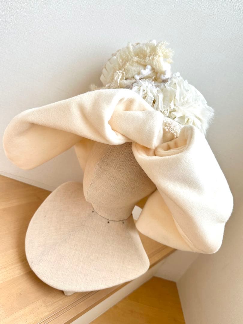 ブレード・フリンジ等パッチワークハット　ウールブリム　オフ白 1点物ハンドメイド