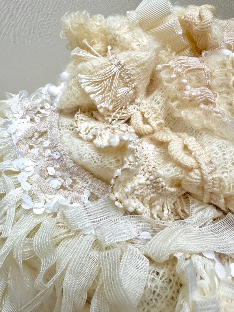 ブレード・フリンジ等パッチワークハット　ウールブリム　オフ白 1点物ハンドメイド