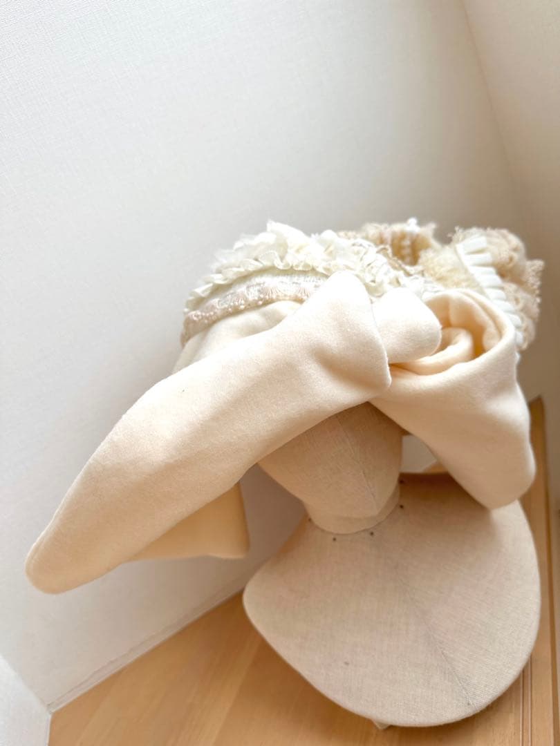 ブレード・フリンジ等パッチワークハット　ウールブリム　オフ白 1点物ハンドメイド