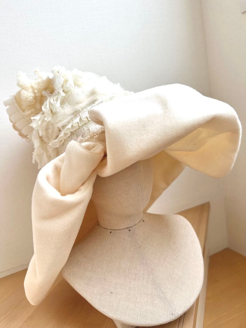 ブレード・フリンジ等パッチワークハット　ウールブリム　オフ白 1点物ハンドメイド