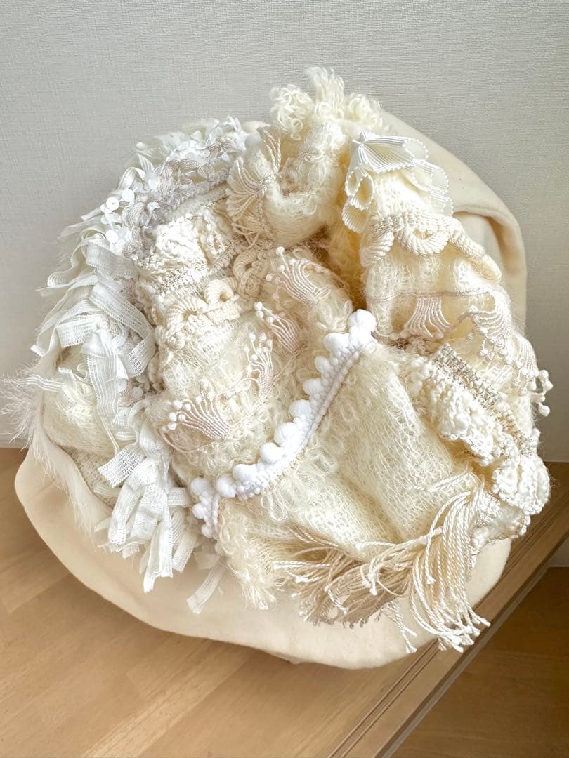 ブレード・フリンジ等パッチワークハット　ウールブリム　オフ白 1点物ハンドメイド