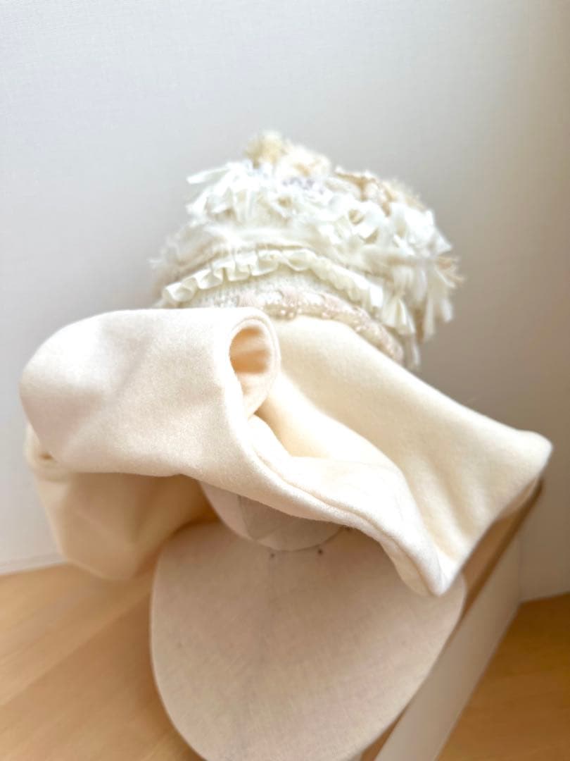 ブレード・フリンジ等パッチワークハット　ウールブリム　オフ白 1点物ハンドメイド