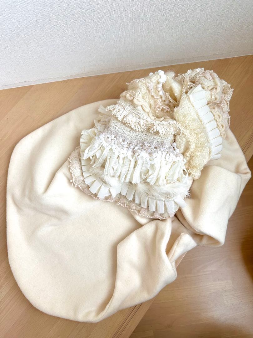 ブレード・フリンジ等パッチワークハット　ウールブリム　オフ白 1点物ハンドメイド