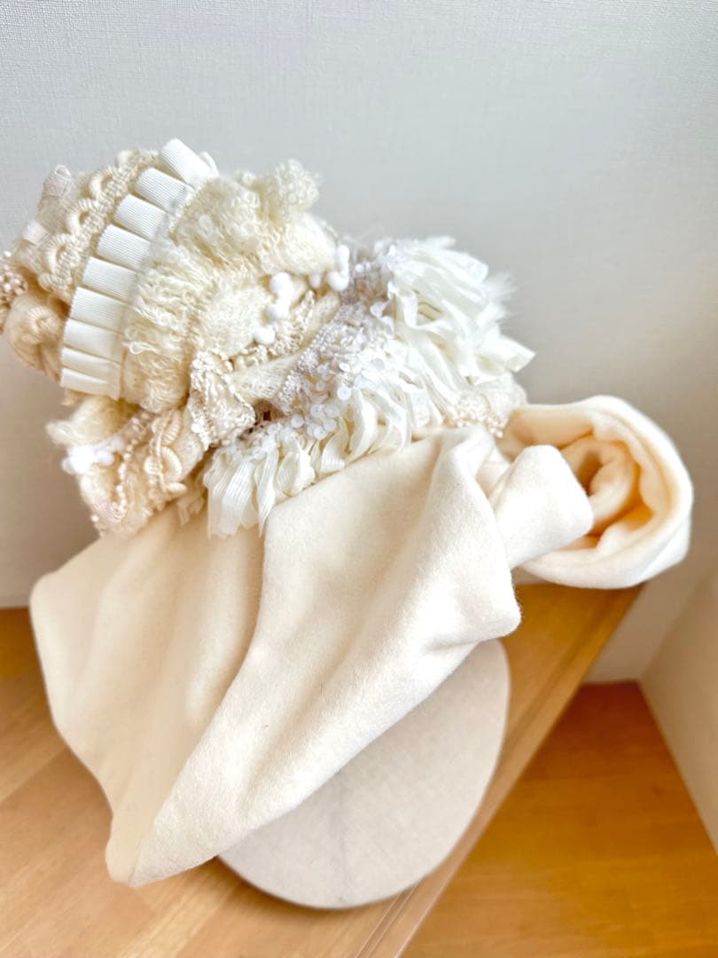 ブレード・フリンジ等パッチワークハット　ウールブリム　オフ白 1点物ハンドメイド