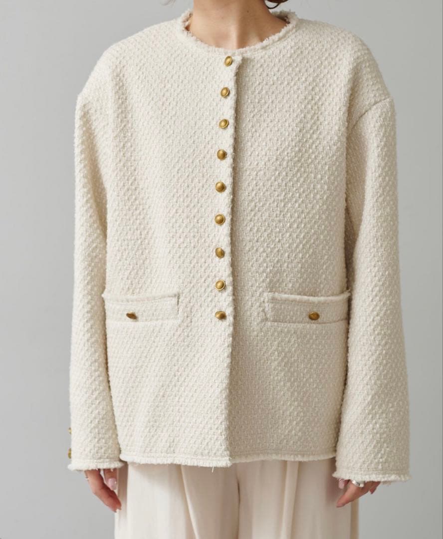 美品　ピュアルセシン　リングツイードノーカラージャケット