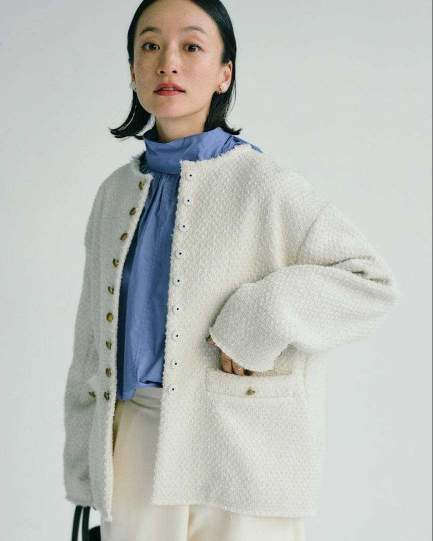 美品　ピュアルセシン　リングツイードノーカラージャケット