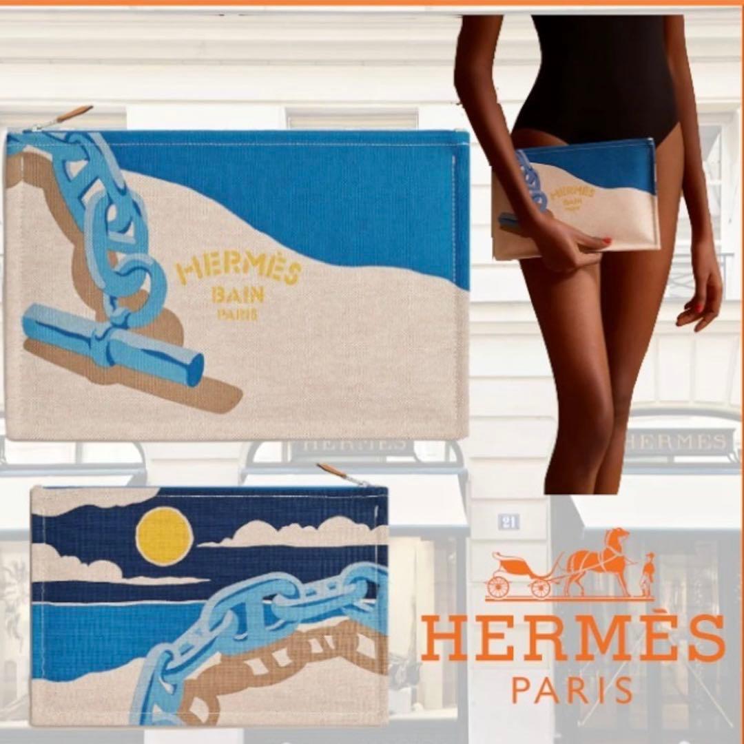 エルメス シェーヌダンクル ポーチ ベージュ ブルー