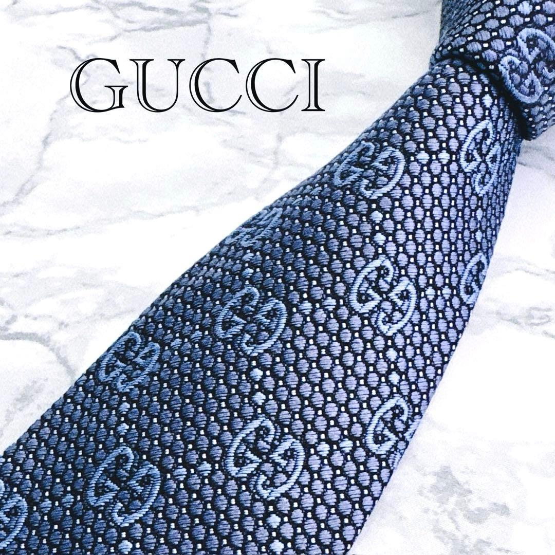 ✨未使用クラス✨汚れなし✨GUCCI GG柄　ナロータイ　ブルー　ネクタイ
