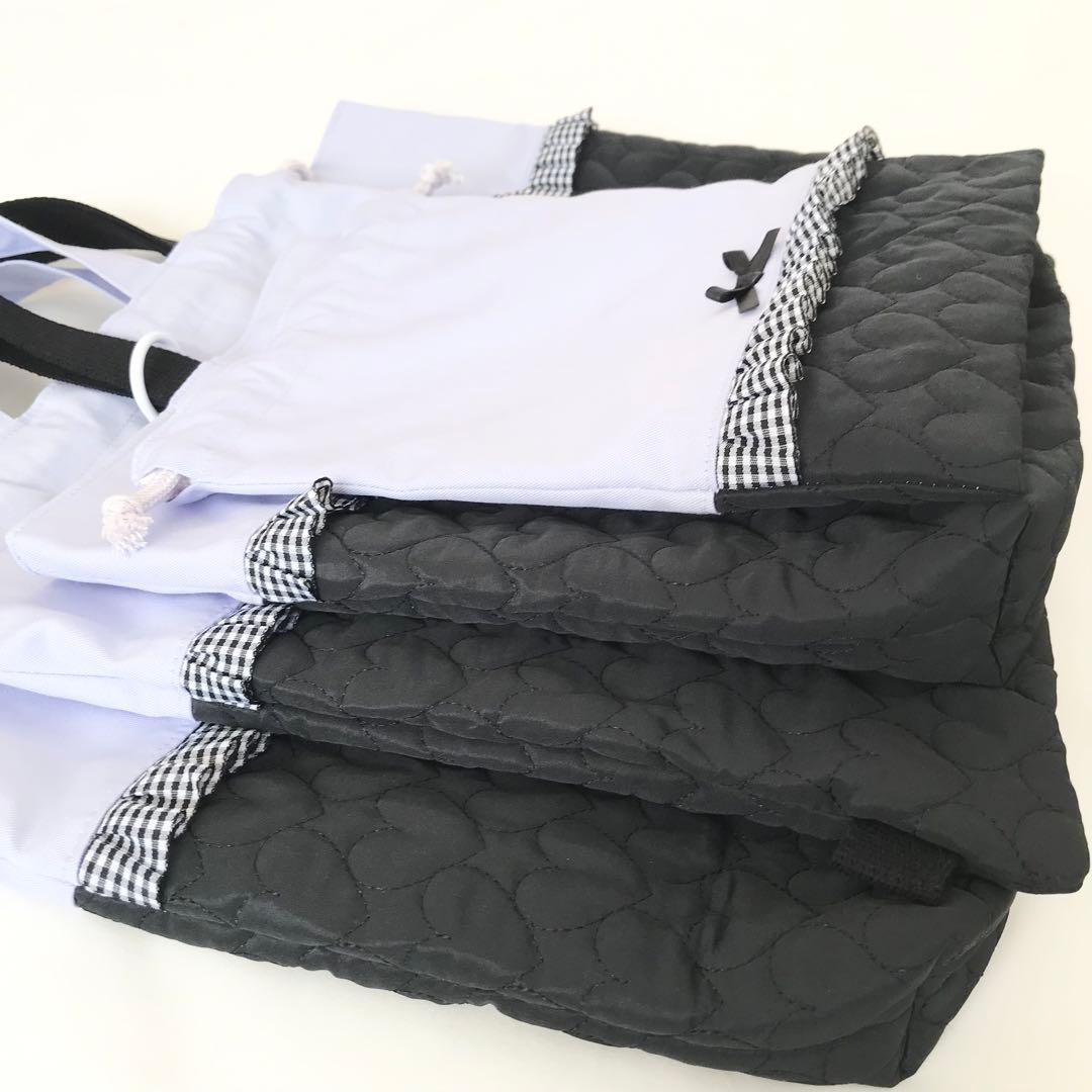 入園入学4点セット ハートキルティング　パープル　ブラック　お着替え袋Ｍ