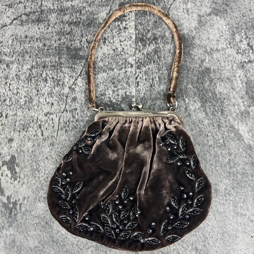 ドルチェ&ガッバーナ ベロア ビーズ刺繍 がま口 ハンドバッグ レオパード