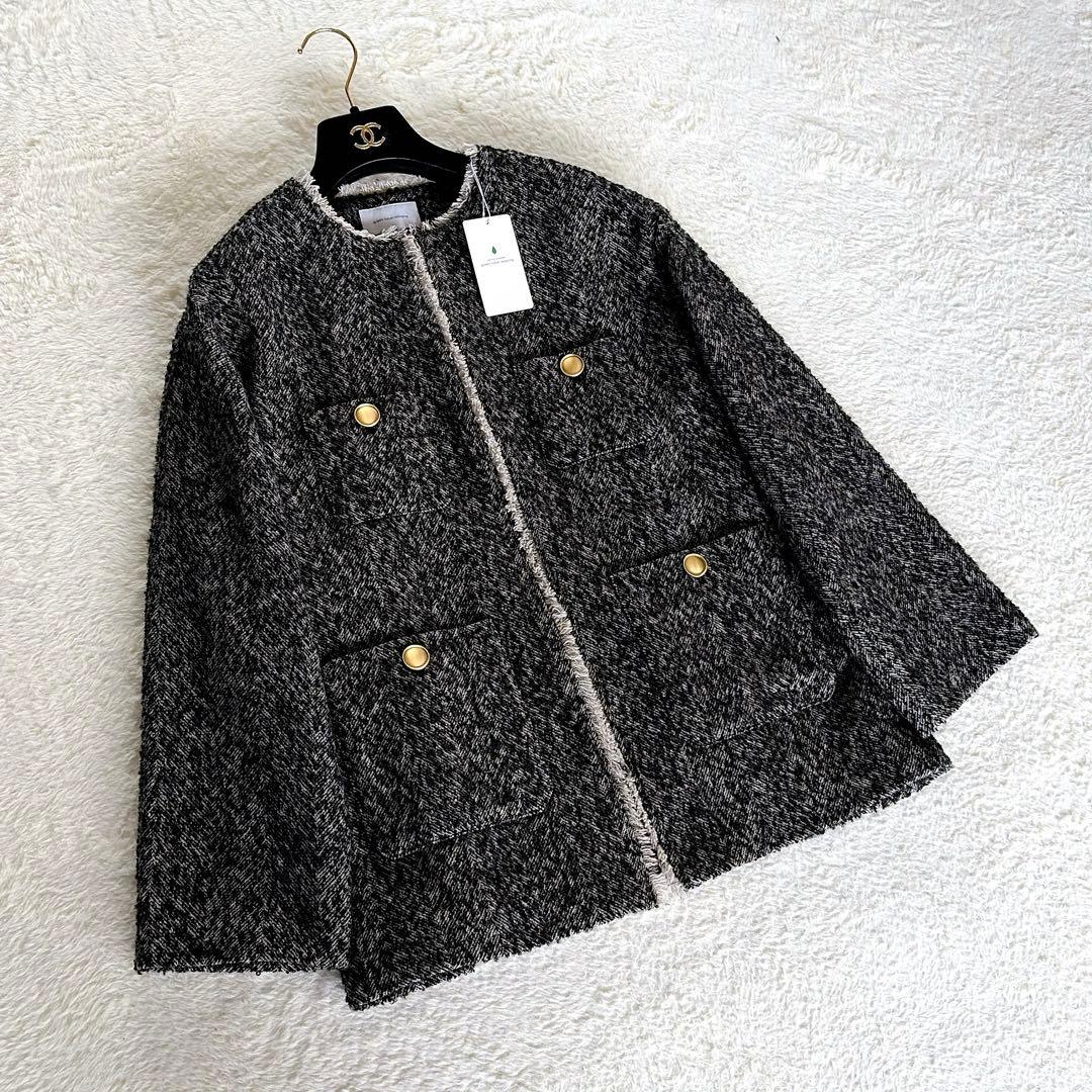 新品タグ付き✨【グリーンレーベル】ツイードノーカラージャケット 金ボタン 38