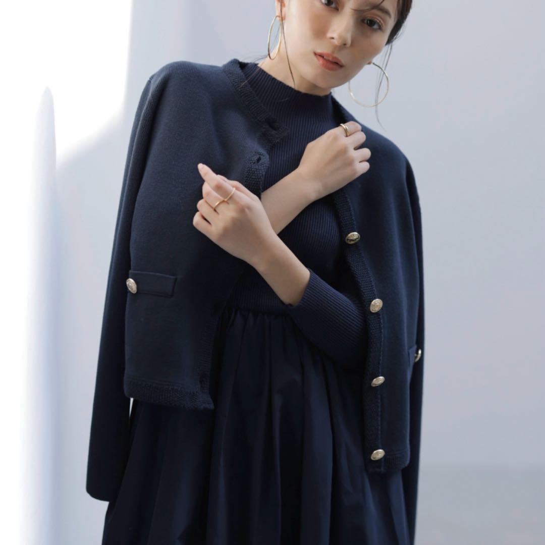 ZOZO アニュアンス　オリジナルボタンノーカラーニットジャケット　ネイビー